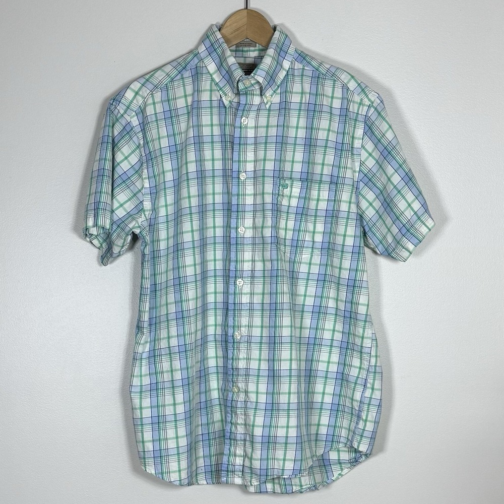 Southern Marsh Mens Button Up Shirt Size M Blue Green Plaid Cotton Short Sleeve
